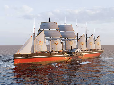 Vintage Sailing Ship with Multiple White Sails Red and Black Hull Navigating Open Sea Against Sky 3d model
