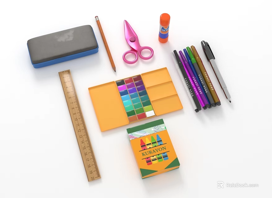 Assorted Stationery Items Including Pink Scissors Ruler Colorful Crayons Glue Pencil Case And Pens 3d model 