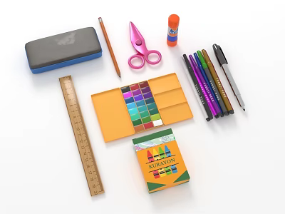 Assorted Stationery Items Including Pink Scissors Ruler Colorful Crayons Glue Pencil Case And Pens 3d model