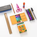 Assorted Stationery Items Including Pink Scissors Ruler Colorful Crayons Glue Pencil Case And Pens