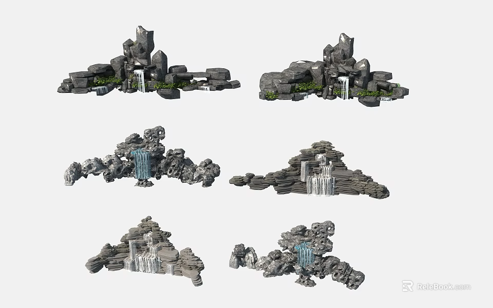 Various Decorative Garden Ornaments With Rockery Waterfall And Green Plants 3d model 
