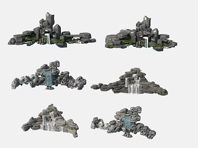Various Decorative Garden Ornaments With Rockery Waterfall And Green Plants 3d model