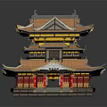 Ancient Chinese Architecture Multi Layered Structure With Orange Tiled Roof Overhanging Eaves And Red Pillars