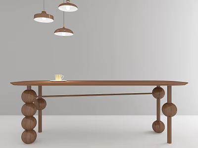 Wooden Dining Table With Spherical Legs And Three Pendant Lights Above Minimalist Decor 3d model