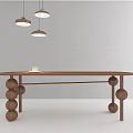 Wooden Dining Table With Spherical Legs And Three Pendant Lights Above Minimalist Decor