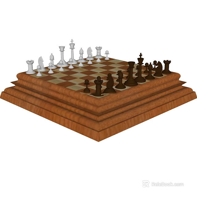 Chess Decorative Ornament Set With White And Black Pieces On Wooden Tiered Base Checkerboard 3d model 