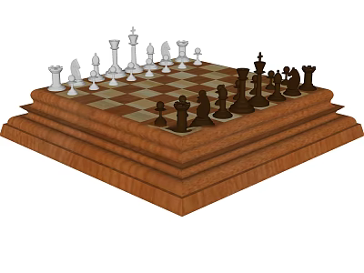 Chess Decorative Ornament Set With White And Black Pieces On Wooden Tiered Base Checkerboard 3d model