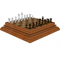 Chess Decorative Ornament Set With White And Black Pieces On Wooden Tiered Base Checkerboard