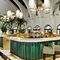 Modern Bar Interior Design With Counter Pendant Lights Arched Windows And Plants