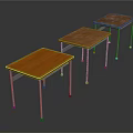 Three Modern Dining Tables With Wooden Tops And Metal Legs In Orange Brown Colors