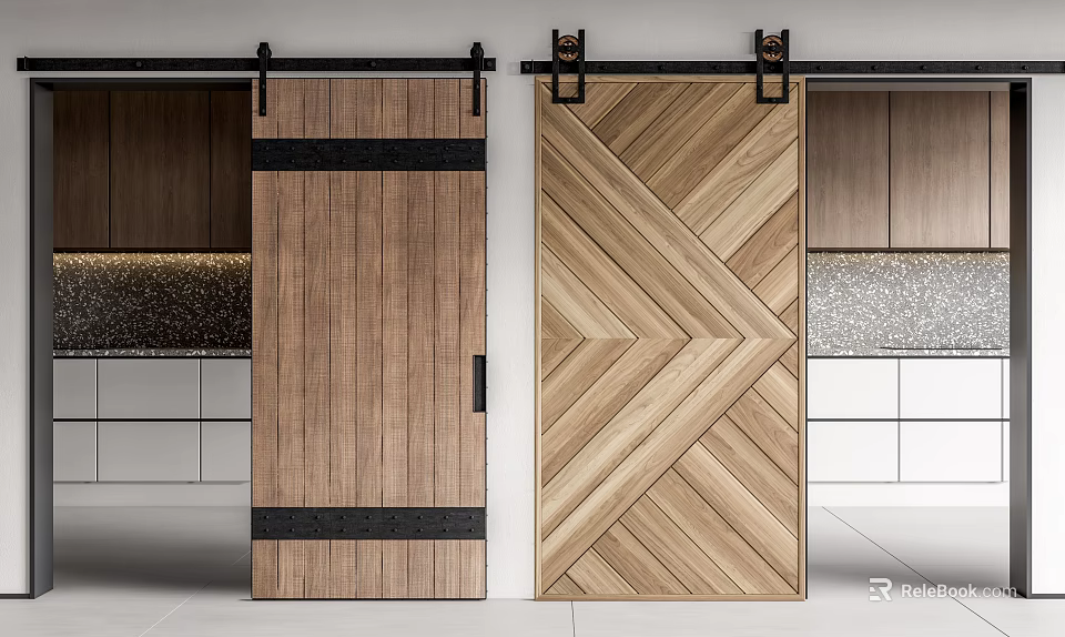 Wooden Barn Doors With Chevron Pattern And Black Strips In Modern Kitchen 3d model 