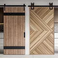 Wooden Barn Doors With Chevron Pattern And Black Strips In Modern Kitchen
