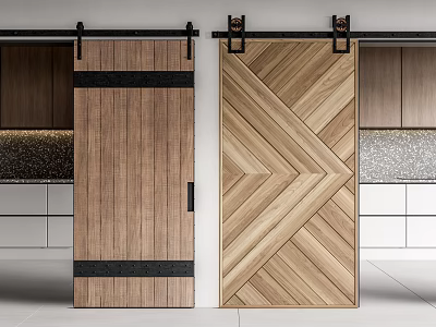 Wooden Barn Doors With Chevron Pattern And Black Strips In Modern Kitchen 3d model