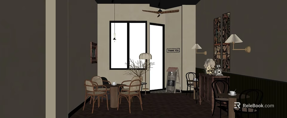 Cozy Restaurant Interior With Wicker Chairs Wooden Table Large Windows Ceiling Fan And Decorations 3d model 