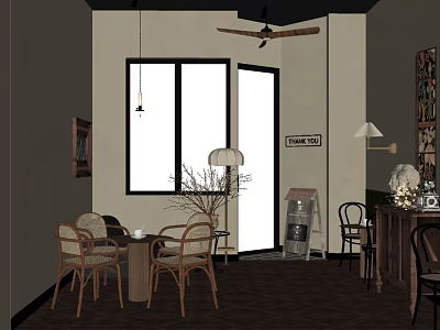 Cozy Restaurant Interior With Wicker Chairs Wooden Table Large Windows Ceiling Fan And Decorations 3d model