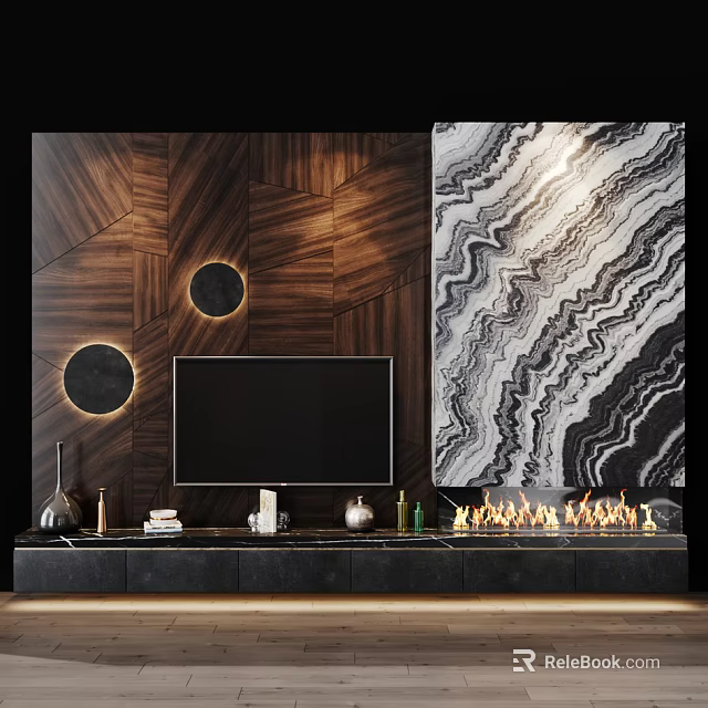 Modern TV Background Cabinet with Wooden Wall Marble Panel and Decorative Lights in Living Room 3d model 