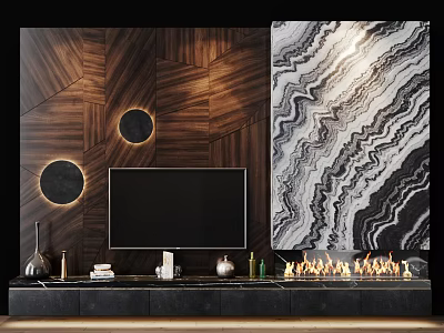 Modern TV Background Cabinet with Wooden Wall Marble Panel and Decorative Lights in Living Room 3d model