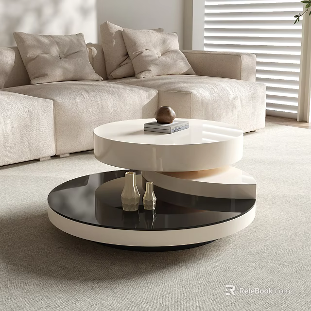 Modern Sleek Black And White Layered Coffee Table In Living Room With Sofa 3d model 