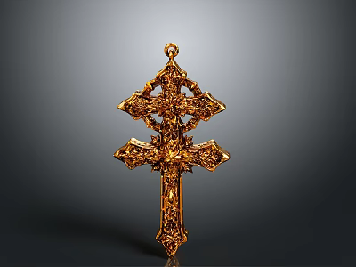 Intricate Gold Cross Pendant With Detailed Ornate Carvings And Religious Design 3d model