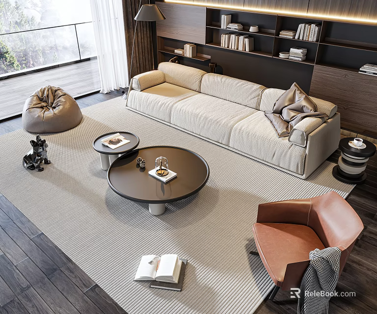 Linen Beige Sofa and Round Coffee Table Set with Accent Chair Pillows and Floor Lamp 3d model 