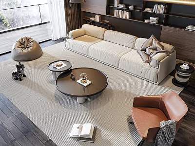 Linen Beige Sofa and Round Coffee Table Set with Accent Chair Pillows and Floor Lamp 3d model