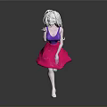 3D Female Character With White Hair Purple Top And Pink Skirt Against Gray Background
