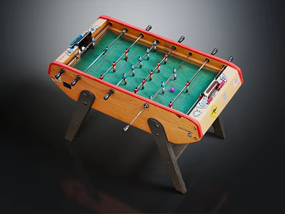 Wooden Foosball Table Play Equipment With Green Playing Surface Red Frame And Metal Rods 3d model