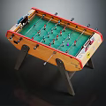 Wooden Foosball Table Play Equipment With Green Playing Surface Red Frame And Metal Rods