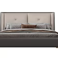 Elegant Modern Double Bed with Blue Beige Headboard Gray Bedding and Pillows 3d model