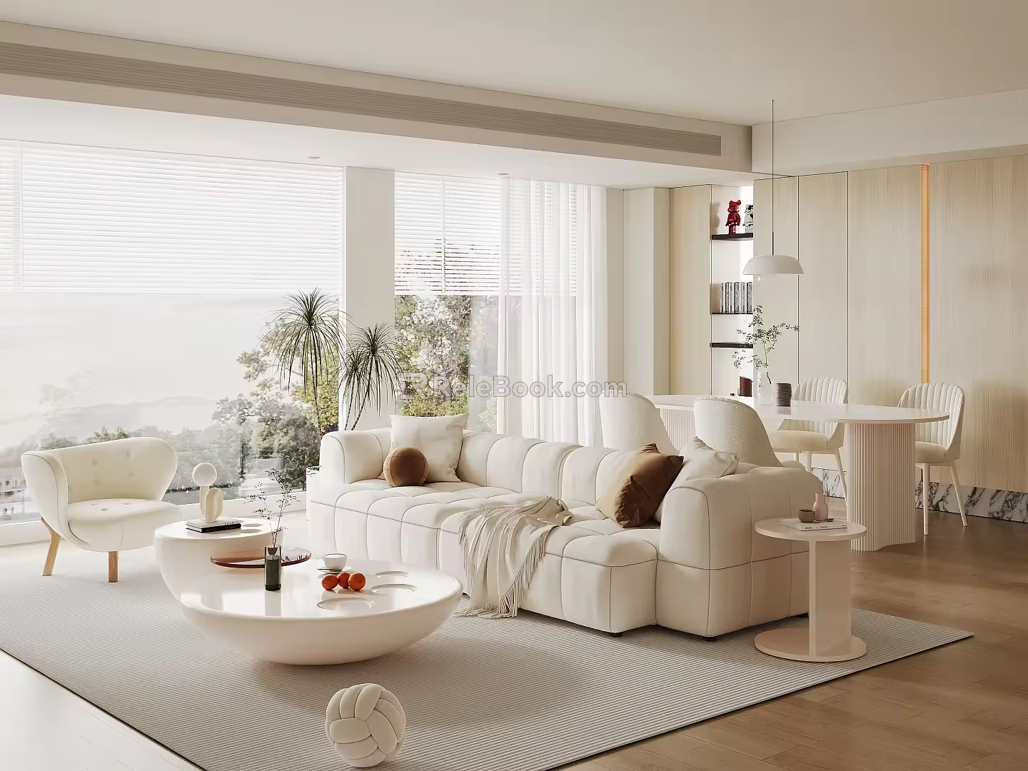 Cream Style Home Guest Restaurant Fabric Sofa Coffee Table Combination Round Coffee Table Dining Table and Chair Combination Backrest Dining Chair Leisure Sofa Chair Floor-to-ceiling Window Decoration Ornaments 3d model