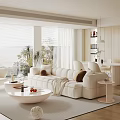 Cream Style Home Guest Restaurant Fabric Sofa Coffee Table Combination Round Coffee Table Dining Table and Chair Combination Backrest Dining Chair Leisure Sofa Chair Floor-to-ceiling Window Decoration Ornaments 3d model