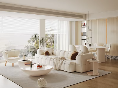 Cream Style Home Guest Restaurant Fabric Sofa Coffee Table Combination Round Coffee Table Dining Table and Chair Combination Backrest Dining Chair Leisure Sofa Chair Floor-to-ceiling Window Decoration Ornaments 3d model