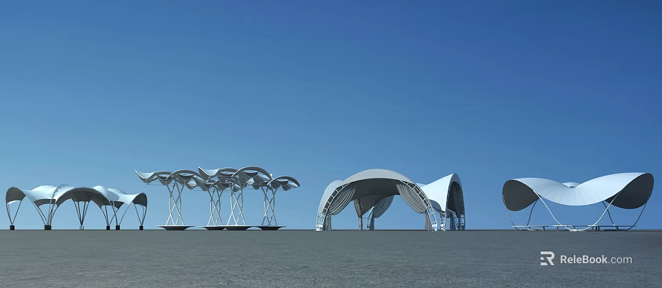 Modern Tensile Membrane Structures With Steel Supports Under Clear Blue Sky 3d model 