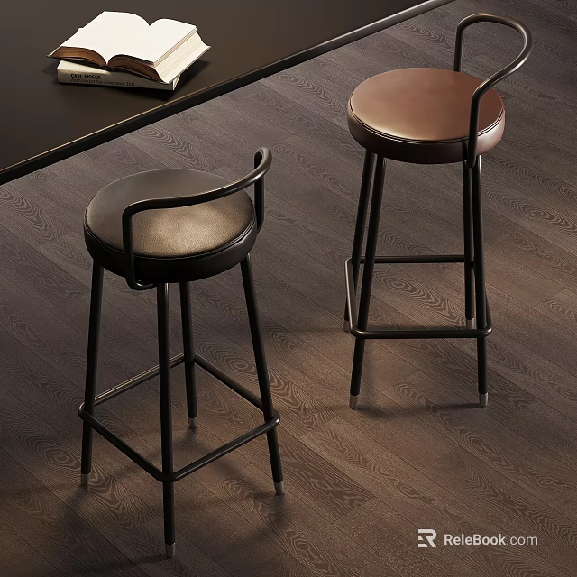 Modern Bar Stools With Leather Seats And Black Metal Backrest Frames 3d model