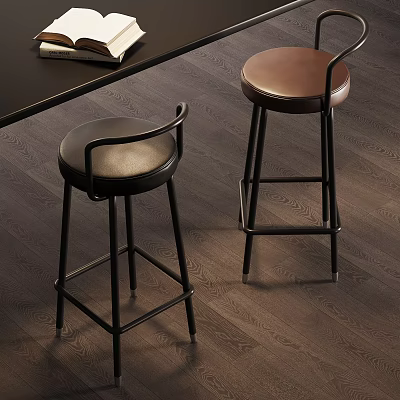 Modern Bar Stools With Leather Seats And Black Metal Backrest Frames 3d model