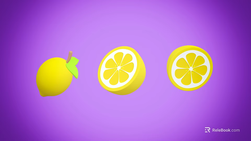 Visual Display Of Fresh Whole And Sliced Lemons With Green Leaf On Purple Background 3d model 
