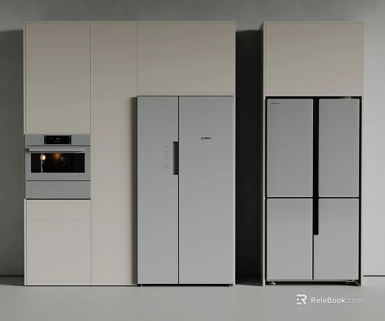 Modern Kitchen Interior With Stainless Steel Built In Double Door Refrigerator Freezer 3d model 