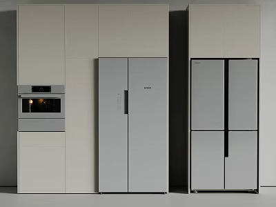 Modern Kitchen Interior With Stainless Steel Built In Double Door Refrigerator Freezer 3d model