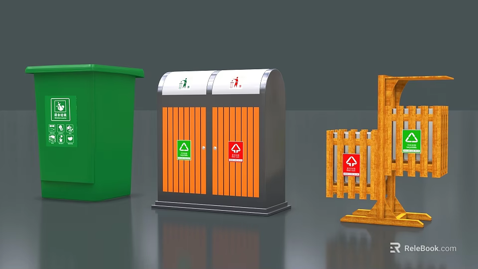 Public Outdoor Waste Sorting Facilities With Green Orange Trash Bins And Wooden Recycling Signs 3d model 