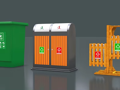 Public Outdoor Waste Sorting Facilities With Green Orange Trash Bins And Wooden Recycling Signs 3d model