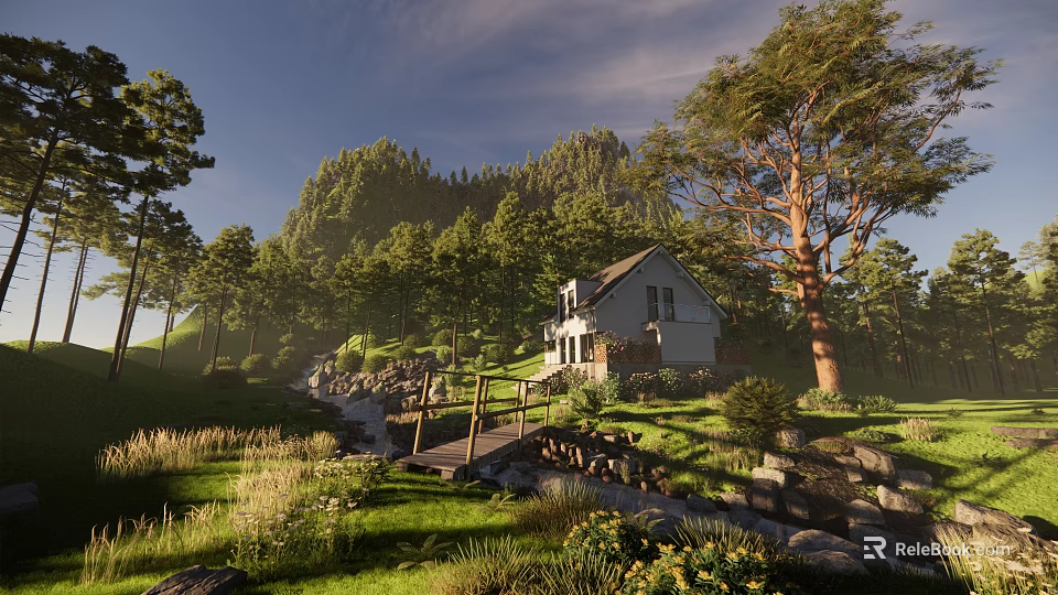 Sunlit Scenic White House in Woods with Stream Wooden Bridge Grass and Wildflowers Green Hills 3d model 