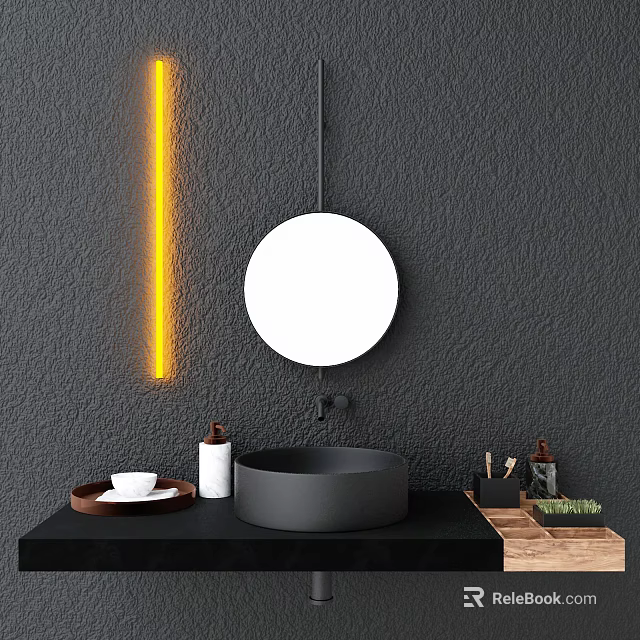 Modern Bathroom Washbasin With Round Mirror Gray Wall And Yellow Light Strip 3d model 