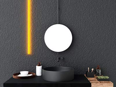 Modern Bathroom Washbasin With Round Mirror Gray Wall And Yellow Light Strip 3d model