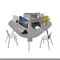 Modern Semicircular Office Desk With White Chairs Computer Monitor Printer And Potted Plants