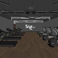 Modern Fitness Gym With Treadmills Elliptical Machines Geometric Lighting And Wooden Flooring