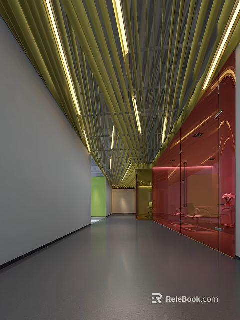Modern Front Reception Desk Interior With Yellow Ceiling And Colored Glass Design 3d model 