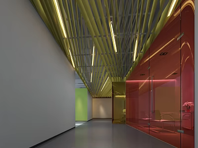 Modern Front Reception Desk Interior With Yellow Ceiling And Colored Glass Design 3d model