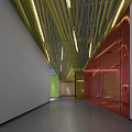 Modern Front Reception Desk Interior With Yellow Ceiling And Colored Glass Design