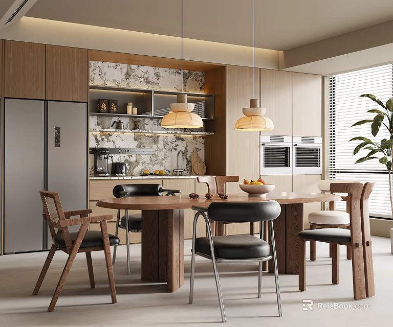 Modern Restaurant Interior With Wooden Cabinets Marble Backsplash Round Dining Table And Hanging Lights 3d model 