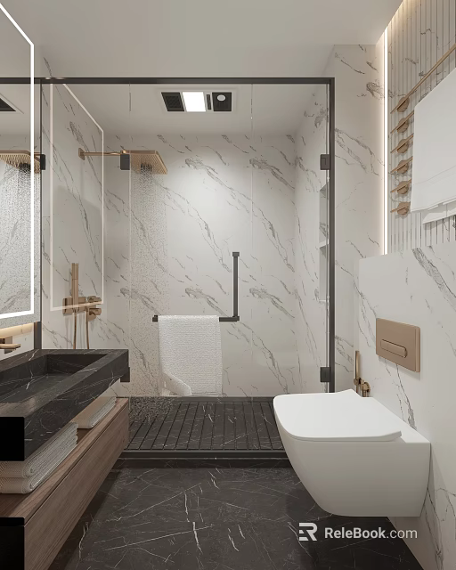 Modern Bathroom Interior With Marble Walls Glass Shower Black Countertop Sink And White Toilet 3d model 